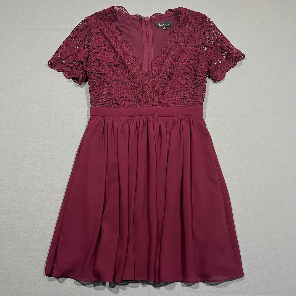 Lulus Dress Angel In Disguise Skater Burgundy Lace V-Neck Lined Women's Size M